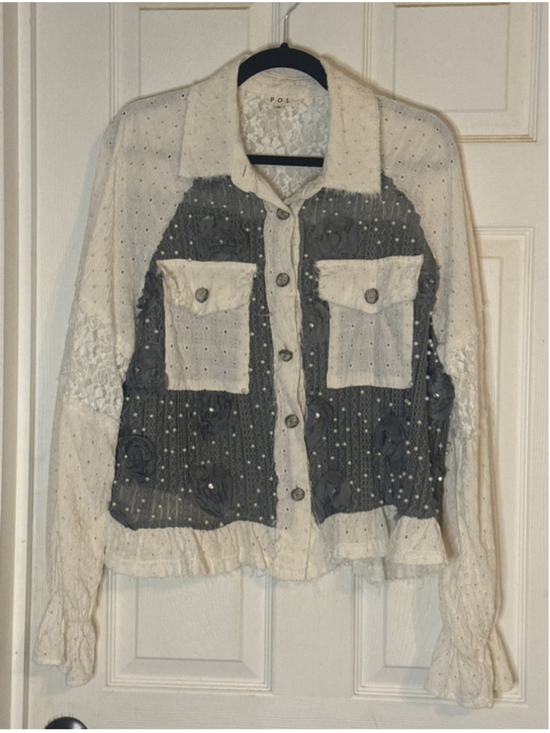 POL Jackets & Blazers - POL White Gray Lace Pearl Jacket S